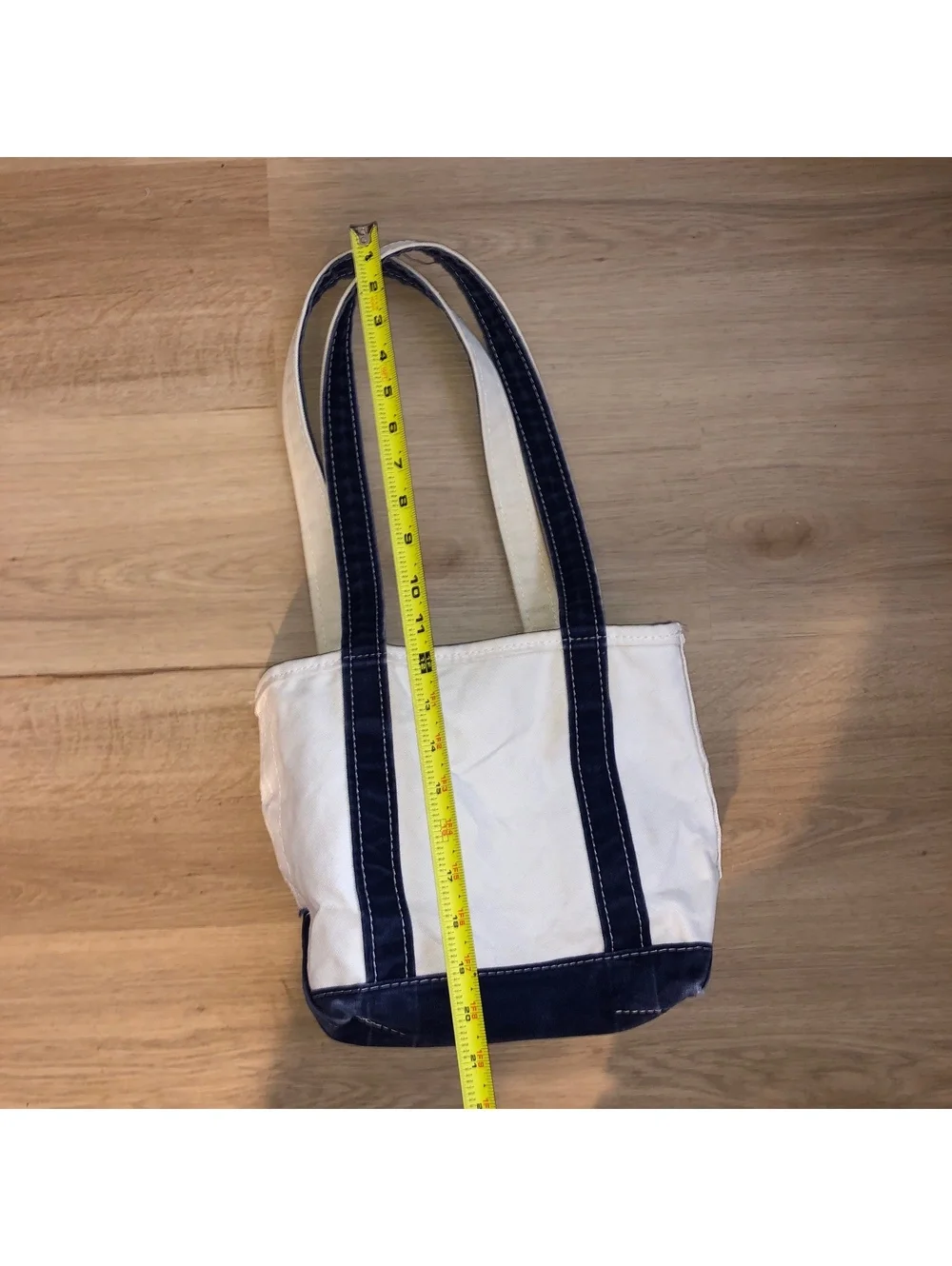 VINTAGE LL BEAN BOAT & TOTE WHITE CREAM NAVY BLUE CANVAS BAG SMALL LONG HANDLES